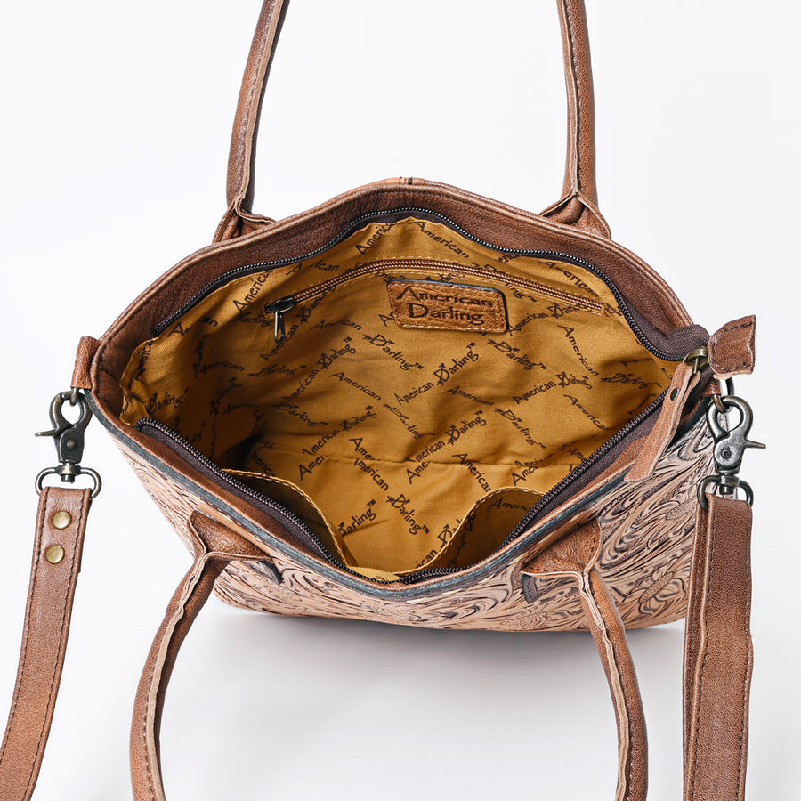 American Darling Western Tote Bag Handcrafted from Genuine Leather | Hand Tooled Floral Carved Purse with Crossbody Strap