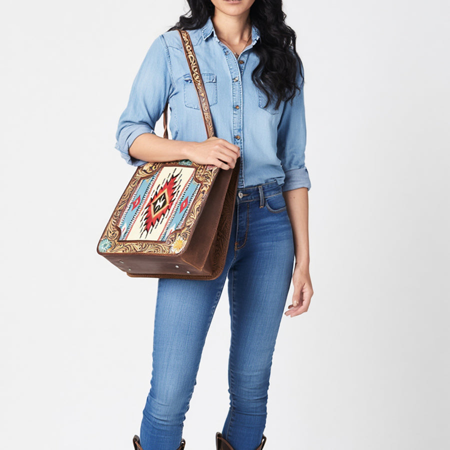 American Darling Western Tote Bag Handcrafted from Saddle Blanket & Genuine Leather | Hand Tooled Floral Purse with Painted Accents
