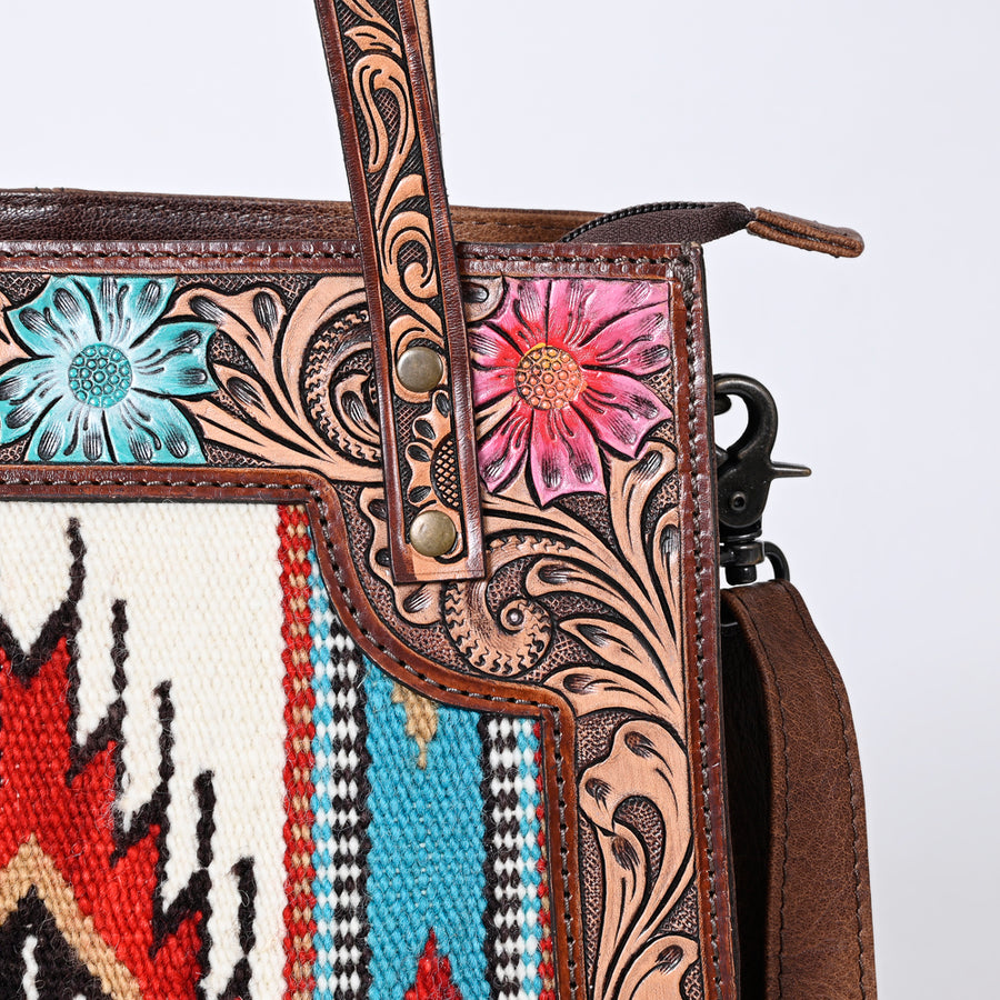 American Darling Western Tote Bag Handcrafted from Saddle Blanket & Genuine Leather | Hand Tooled Floral Purse with Painted Accents