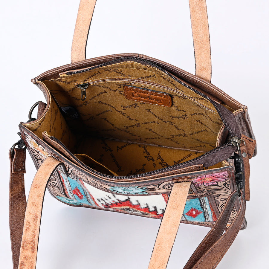 American Darling Western Tote Bag Handcrafted from Saddle Blanket & Genuine Leather | Hand Tooled Floral Purse with Painted Accents