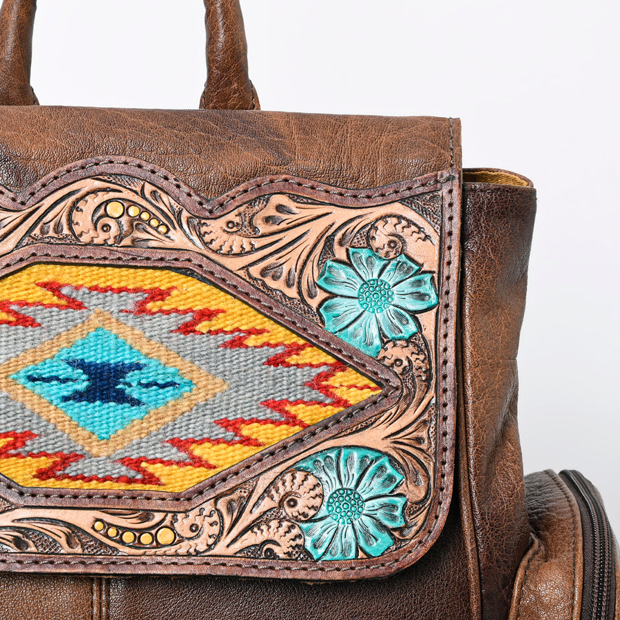 American Darling Western Backpack Handcrafted from Tooled Leather & Saddle Blanket | Panel Purse with Multiple Pockets