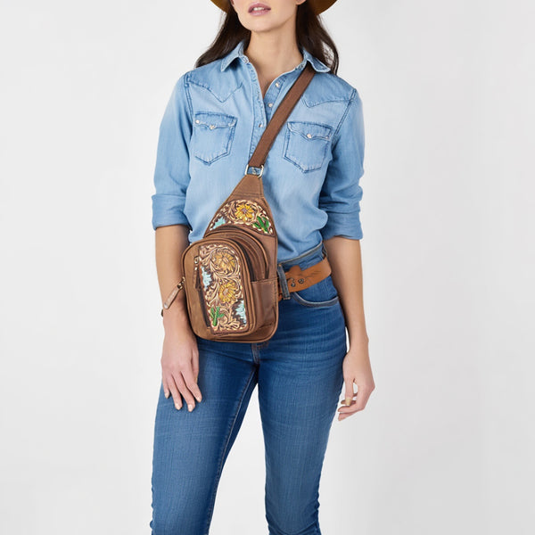 amerileather grylls petite cowhide leather multi pocket sling backpack American Darling Tooled Leather Sling Bag