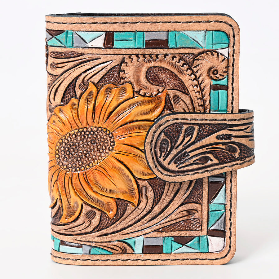 American Darling Western Wallet Handcrafted from Tooled Leather | Sunflower Carved with Mosaic Inlay & Snap Closure