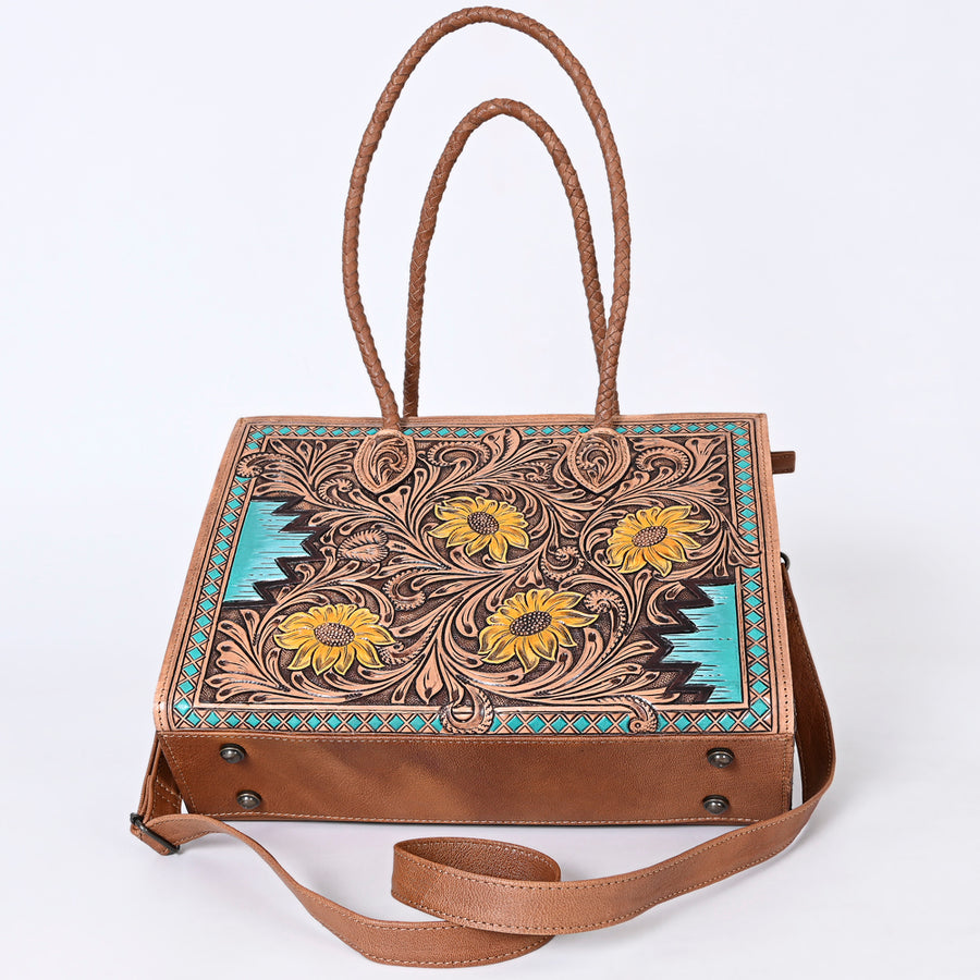 American Darling Western Tote Handcrafted from Genuine Leather | Tooled Sunflower & Turquoise Accents Crossbody Bag for Women