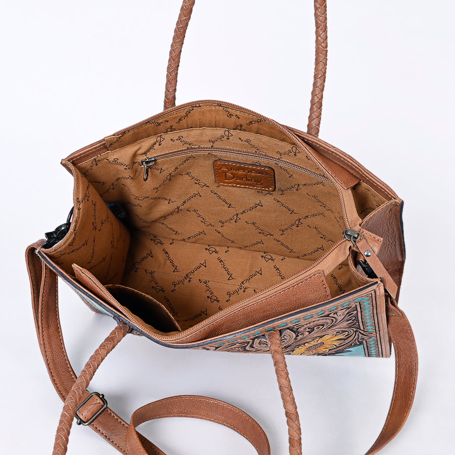American Darling Western Tote Handcrafted from Genuine Leather | Tooled Sunflower & Turquoise Accents Crossbody Bag for Women
