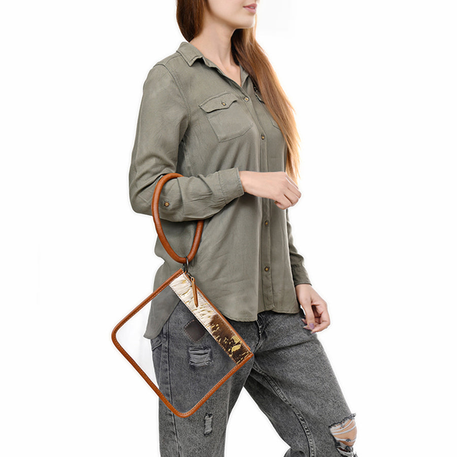 American Darling Clear Stadium Bag Handcrafted from Cowhide & Genuine Leather Trim | Large Loop Wristlet Clutch