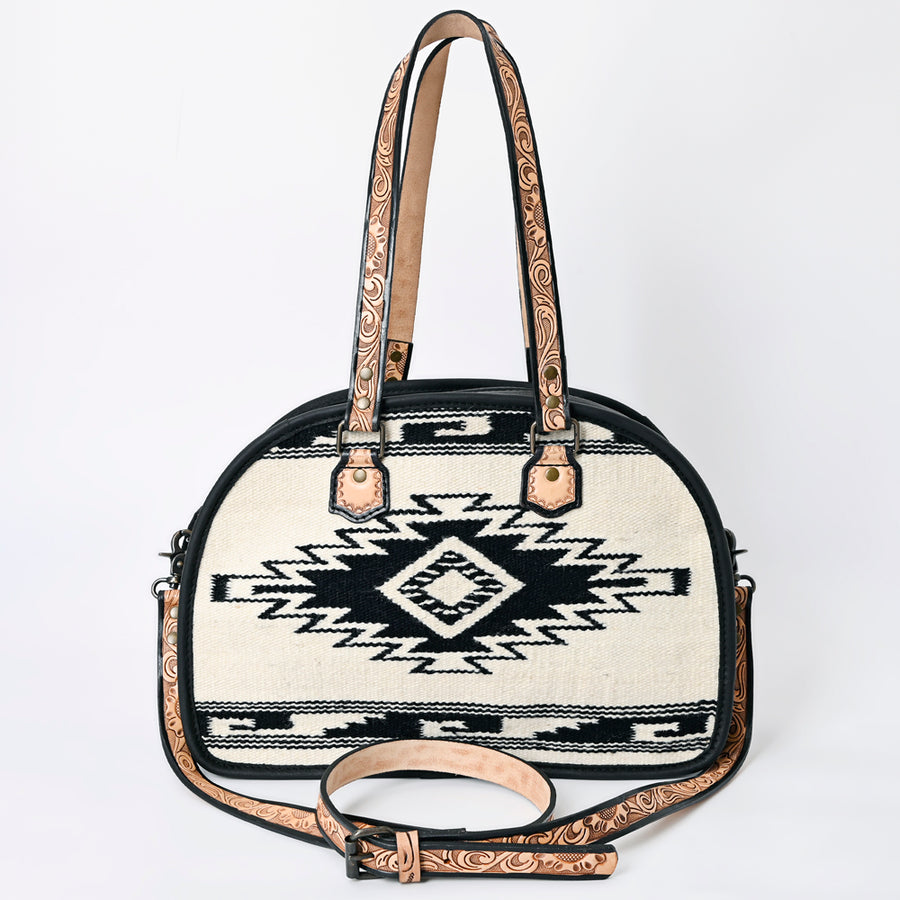 American Darling Western Tote Bag Handcrafted from Saddle Blanket & Genuine Leather | Tooled Floral Strap & Pattern Purse