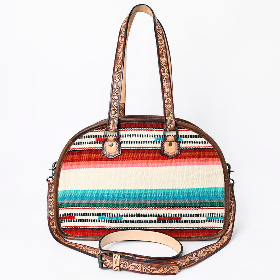 American Darling Western Tote Bag Handcrafted from Saddle Blanket & Genuine Leather | Tooled Strap Detail & Multi-Color Stripe Purse