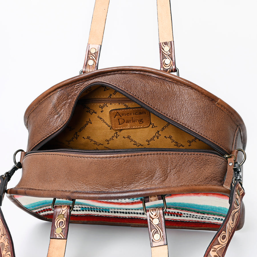 American Darling Western Tote Bag Handcrafted from Saddle Blanket & Genuine Leather | Tooled Strap Detail & Multi-Color Stripe Purse