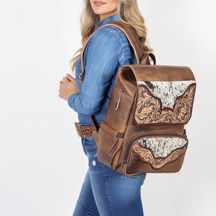 American Darling Western Backpack Handcrafted from Hair-On Cowhide & Genuine Leather | Tooled Floral Trim & Multi-Pocket Design