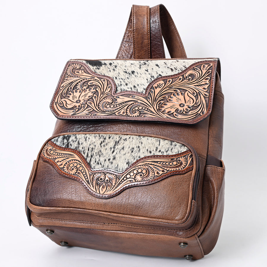 American Darling Western Backpack Handcrafted from Hair-On Cowhide & Genuine Leather | Tooled Floral Trim & Multi-Pocket Design