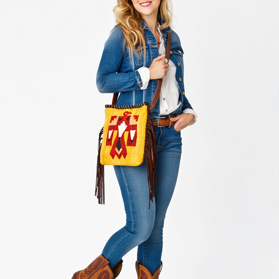 American Darling Western Crossbody Bag Handcrafted from Hand Woven Saddle Blanket | Motif & Long Leather Fringe