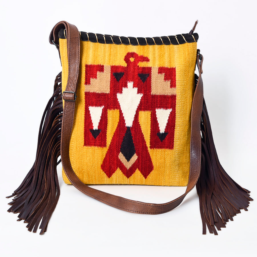 American Darling Western Crossbody Bag Handcrafted from Hand Woven Saddle Blanket | Motif & Long Leather Fringe