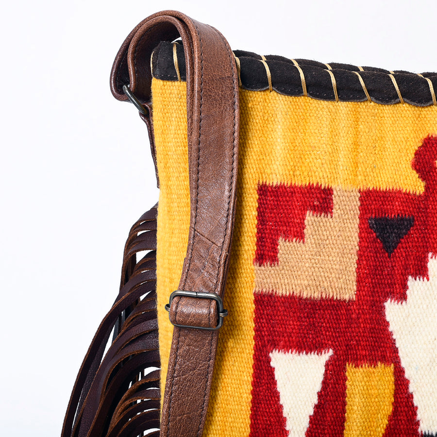 American Darling Western Crossbody Bag Handcrafted from Hand Woven Saddle Blanket | Motif & Long Leather Fringe