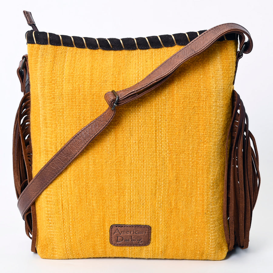American Darling Western Crossbody Bag Handcrafted from Hand Woven Saddle Blanket | Motif & Long Leather Fringe