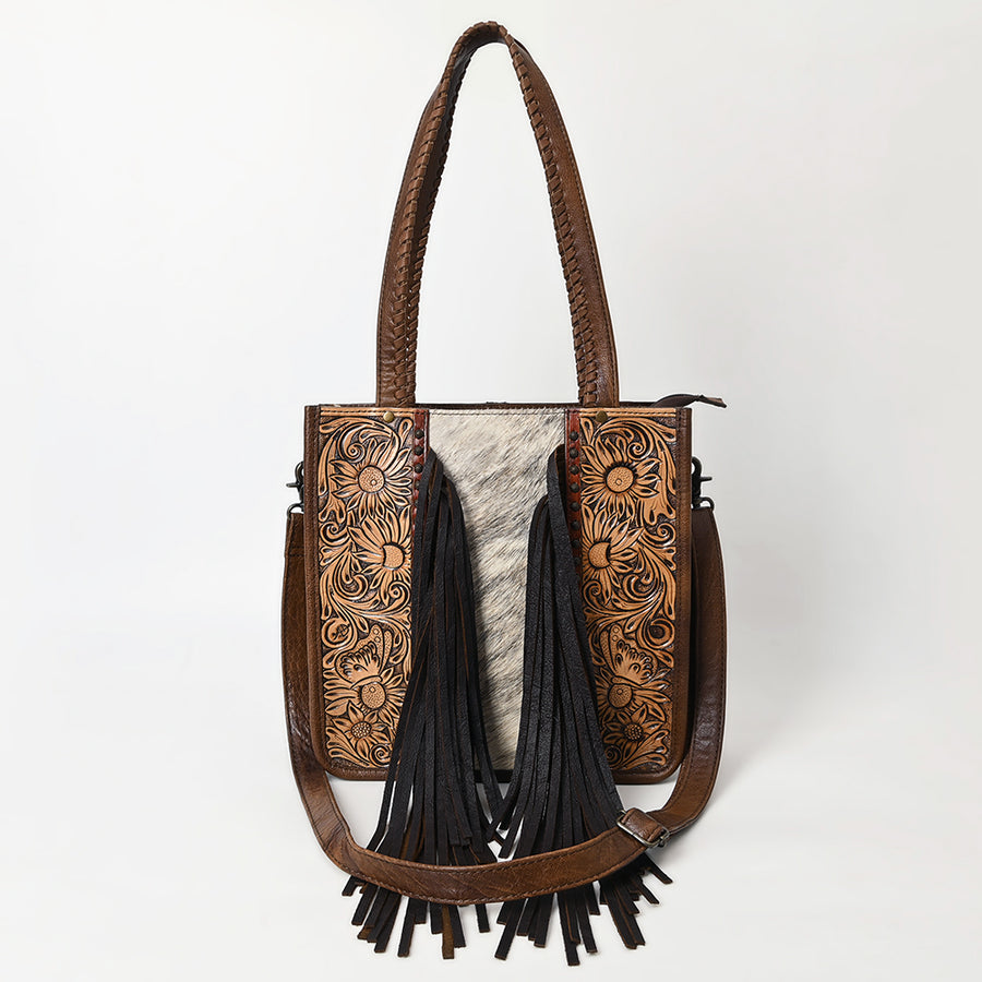 American Darling Western Tote Bag Handcrafted from Hair-On Cowhide & Tooled Leather | Long Fringe & Braided Handles
