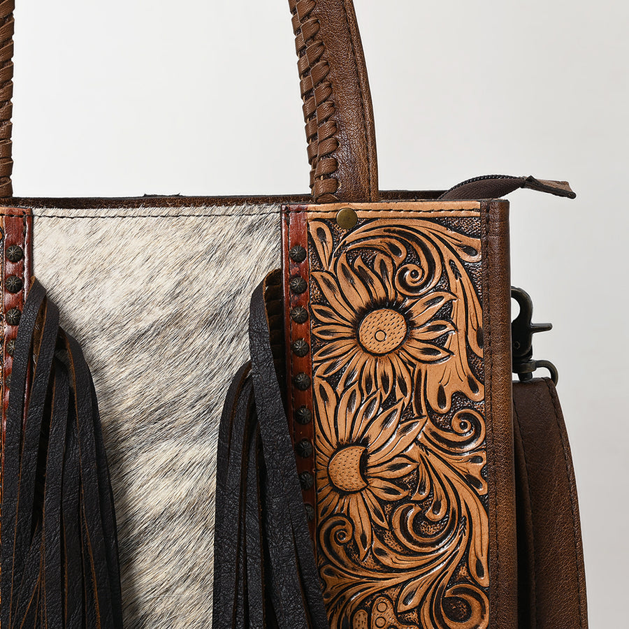 American Darling Western Tote Bag Handcrafted from Hair-On Cowhide & Tooled Leather | Long Fringe & Braided Handles