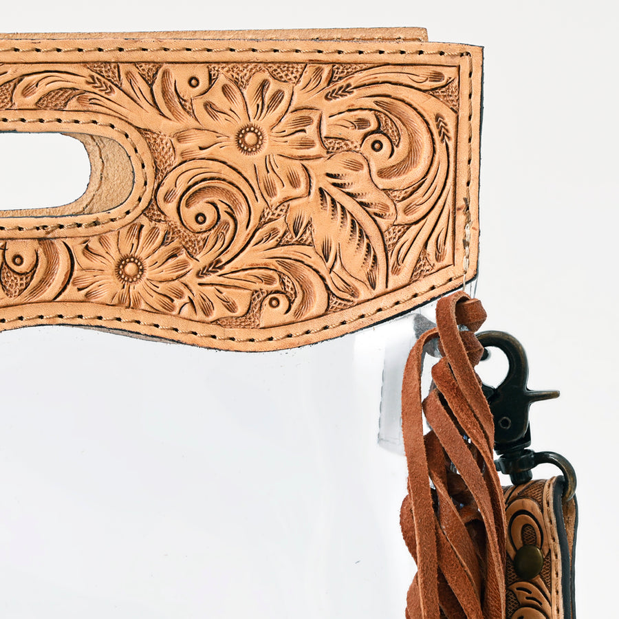 American Darling Western Clear Bag with Long Leather Fringe | Hand Tooled Floral Leather Trim & Carry Handle