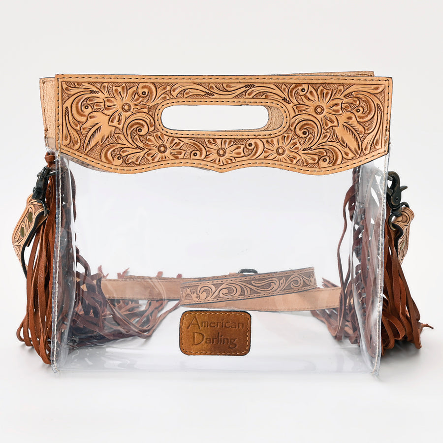 American Darling Western Clear Bag with Long Leather Fringe | Hand Tooled Floral Leather Trim & Carry Handle