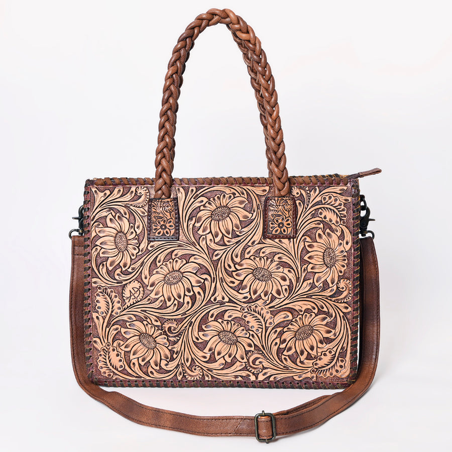 American Darling Western Tote Bag Handcrafted from Hand Tooled Genuine Leather | Floral Carved Purse with Braided Handles & Crossbody Strap