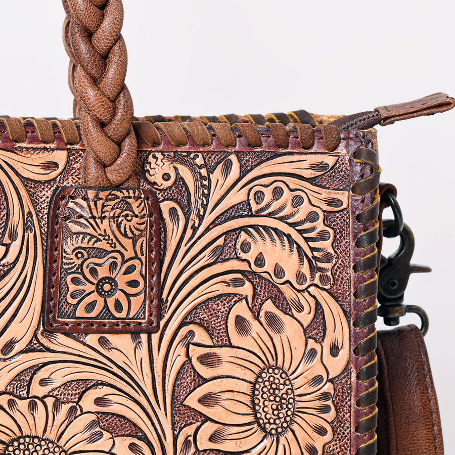 American Darling Western Tote Bag Handcrafted from Hand Tooled Genuine Leather | Floral Carved Purse with Braided Handles & Crossbody Strap