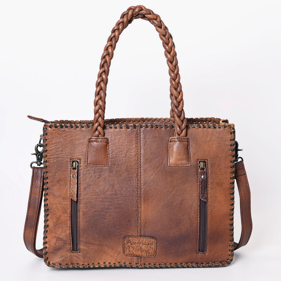 American Darling Western Tote Bag Handcrafted from Hand Tooled Genuine Leather | Floral Carved Purse with Braided Handles & Crossbody Strap