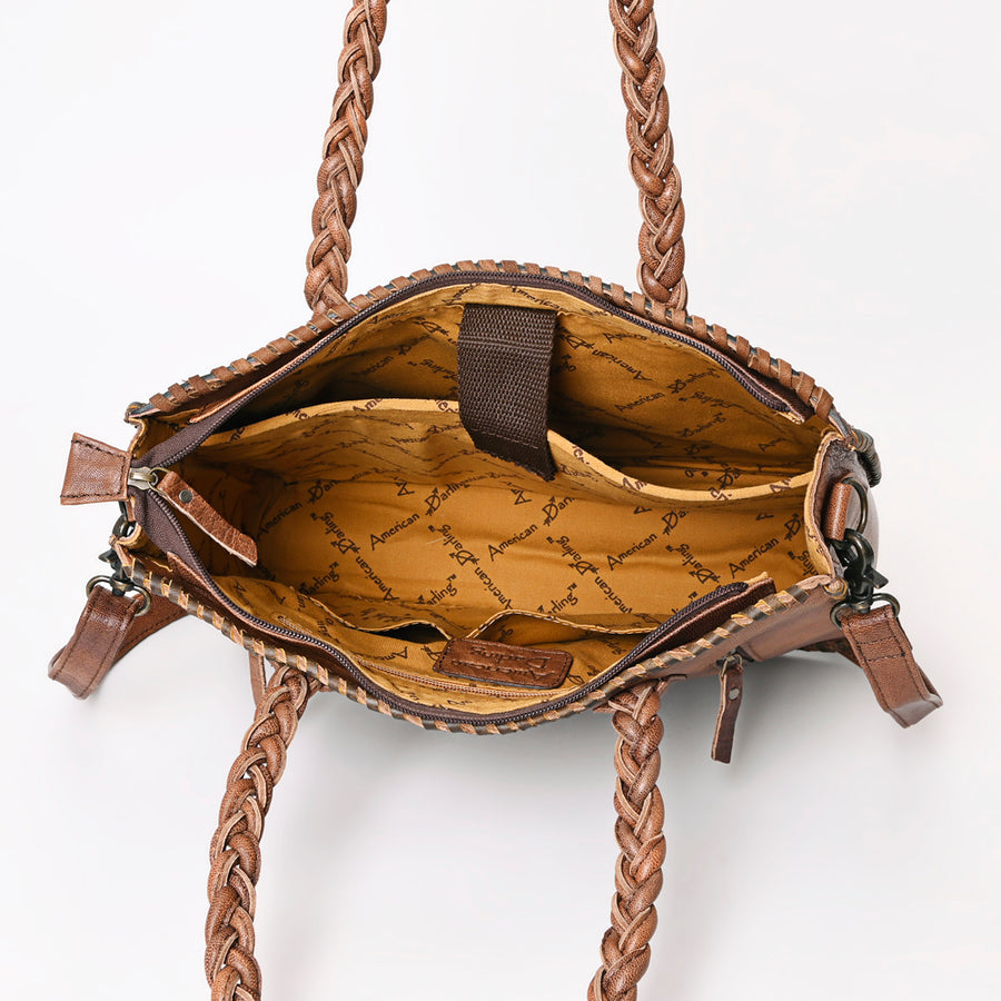 American Darling Western Tote Bag Handcrafted from Hand Tooled Genuine Leather | Floral Carved Purse with Braided Handles & Crossbody Strap