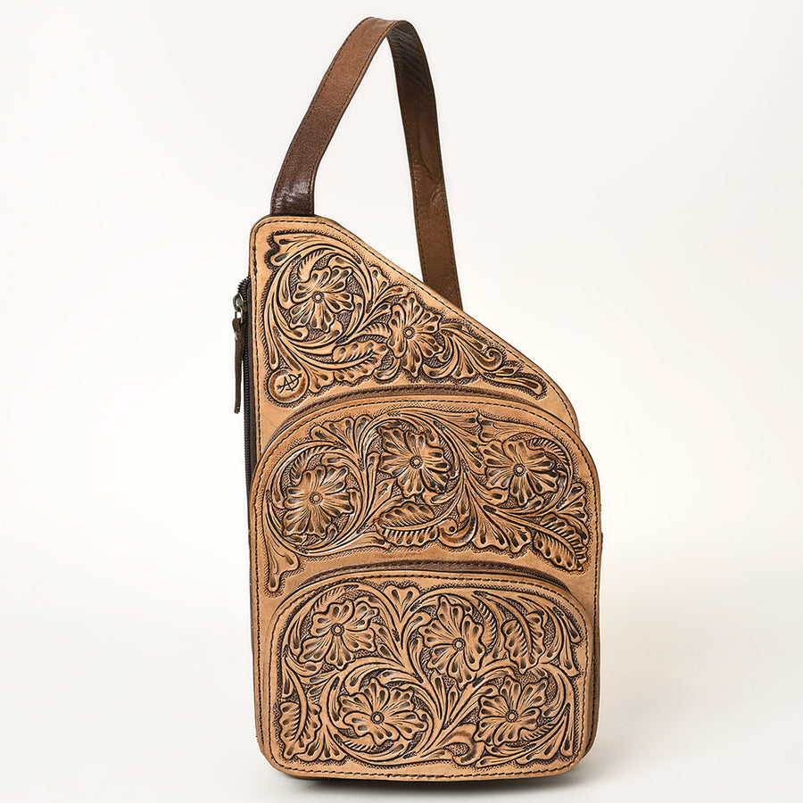 American Darling Western Sling Backpack Handcrafted from Hand-Tooled Genuine Leather | Floral Carved with Multiple Zipper Pockets for Travel