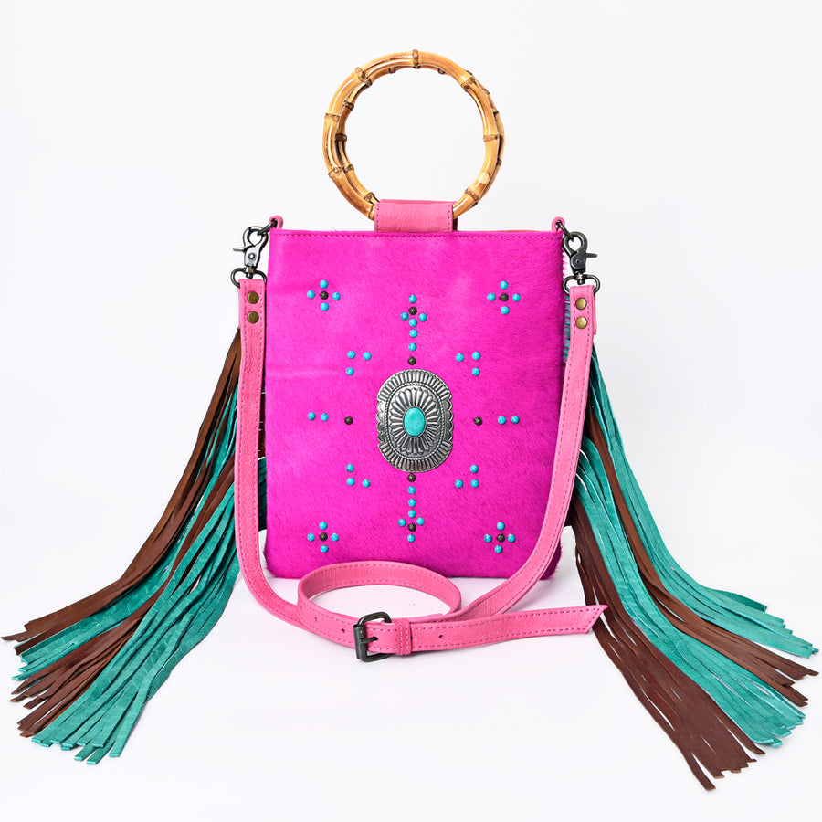 American Darling Western Crossbody Bag Handcrafted from Hair-On Cowhide | Two-Tone Fringe, Bamboo Handle & Concho Accent