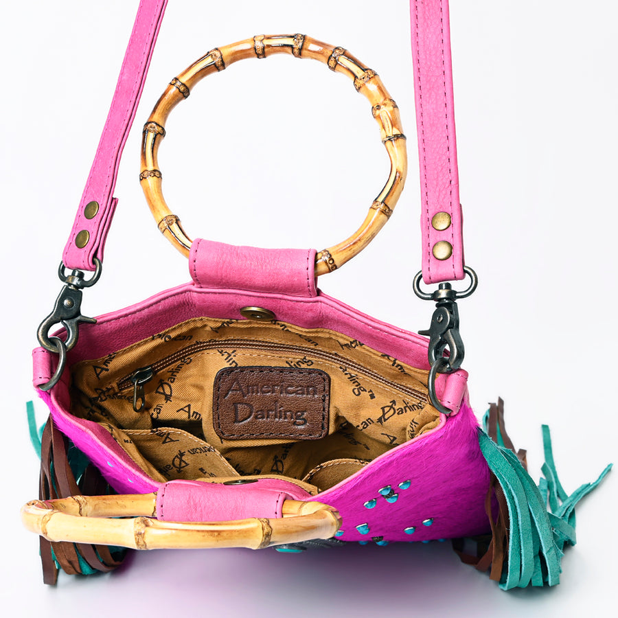American Darling Western Crossbody Bag Handcrafted from Hair-On Cowhide | Two-Tone Fringe, Bamboo Handle & Concho Accent