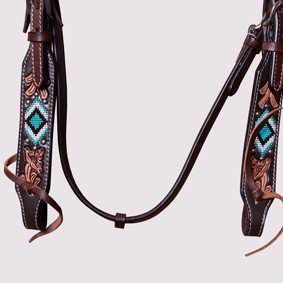 HILASON Horse Beaded Breast Collar One Ear Headstall Noseband Genuine Leather Brown