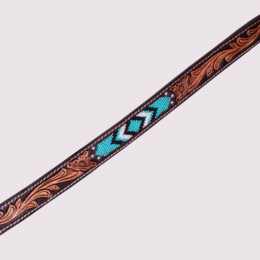 HILASON Horse Beaded Breast Collar One Ear Headstall Noseband Genuine Leather Brown