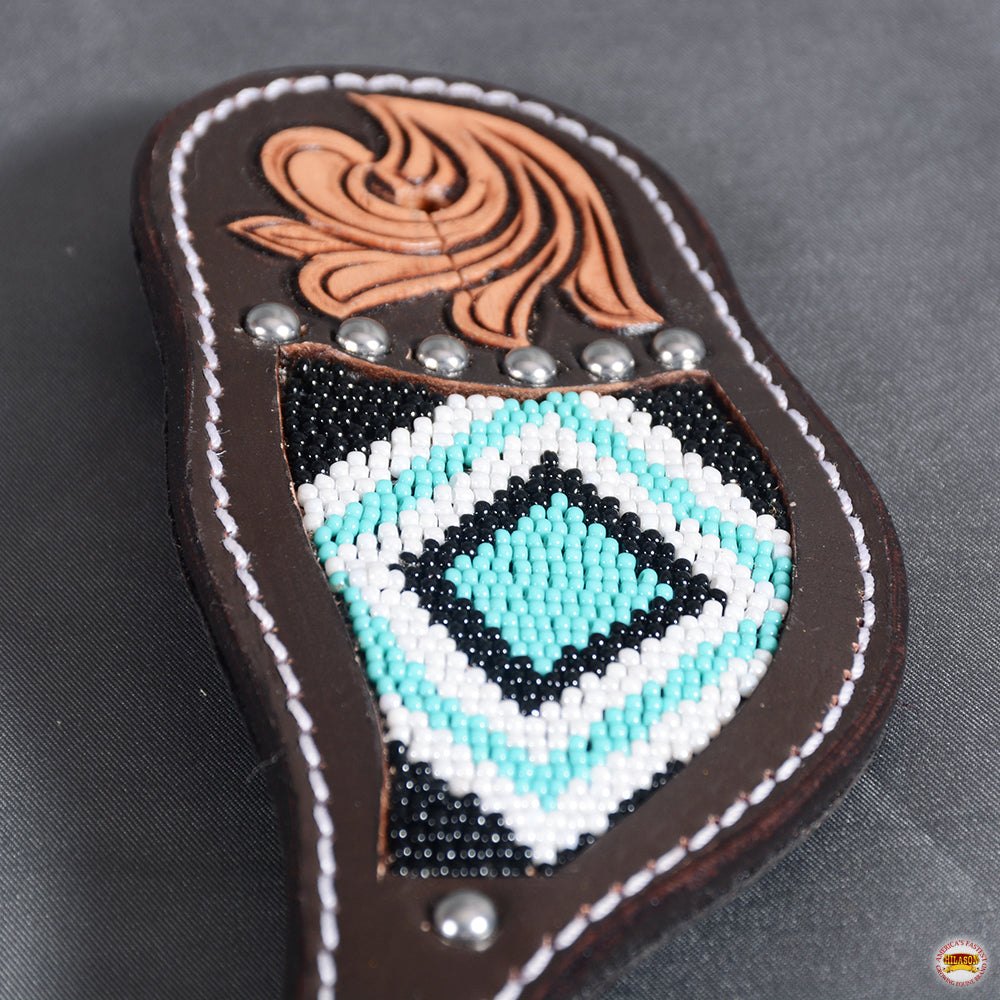 HILASON Horse Beaded Breast Collar One Ear Headstall Noseband Genuine Leather Brown