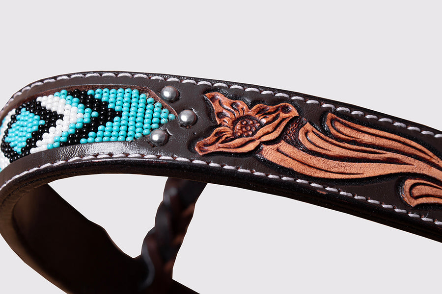 HILASON Horse Beaded Breast Collar One Ear Headstall Noseband Genuine Leather Brown