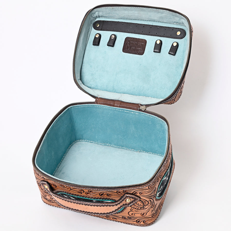 American Darling Genuine Leather Jewelry Case Hair-On Cowhide Floral Hand Tooled Organizer YKK Zipper Full Grain