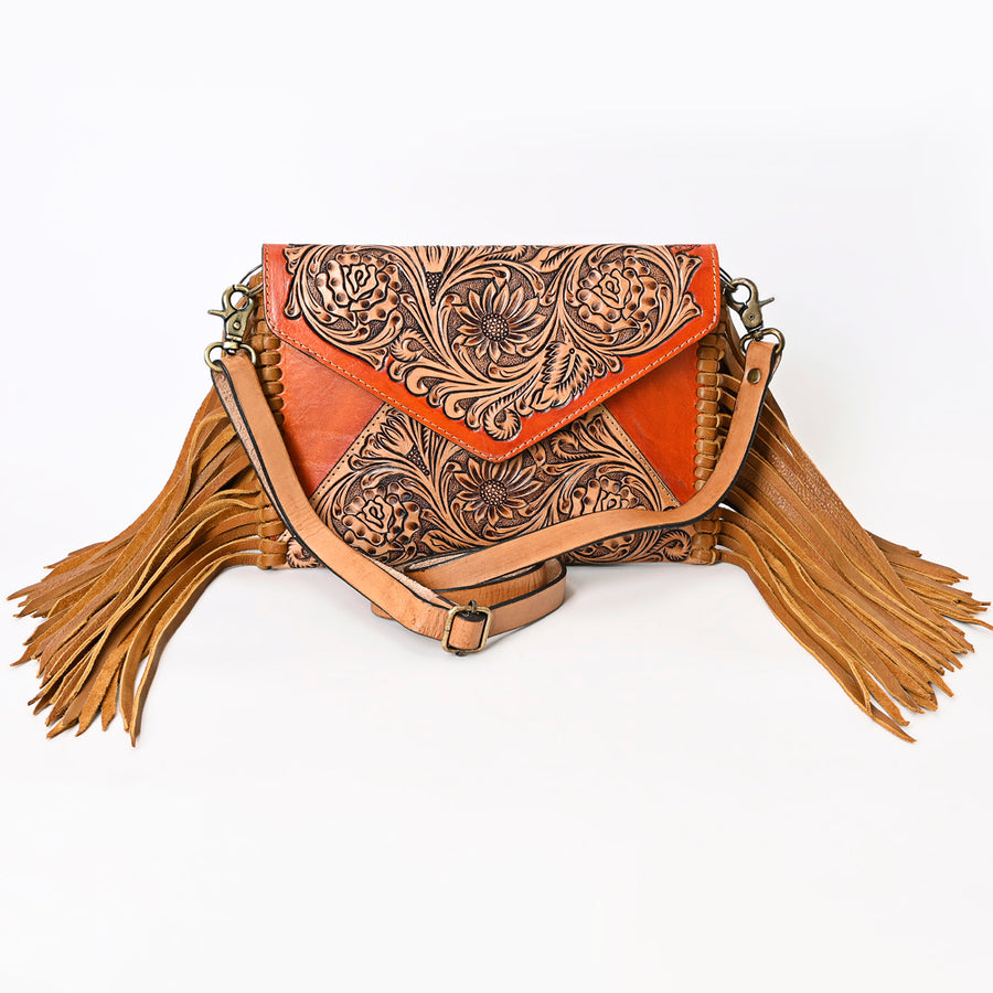 American Darling Genuine Leather Envelope Bag Women Floral Hand Tooled Purse with Fringe YKK Zipper Full Grain Crossbody