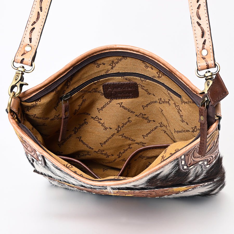 American Darling Genuine Leather Large Cross body Bag Women Hair-On Cowhide Floral Hand Tooled Purse Buck Stitched YKK Zipper