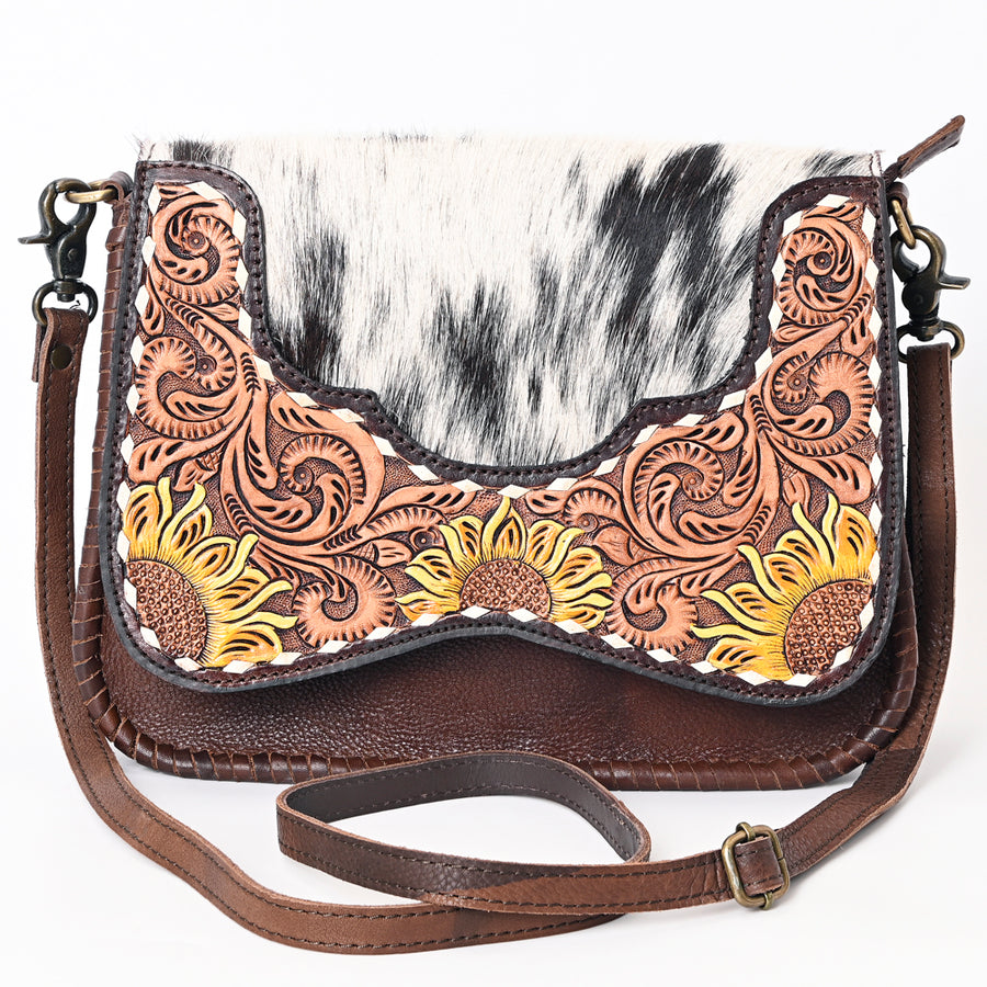 American Darling Genuine Leather Small Cross body Bag Women Hair-On Cowhide Floral Hand Tooled Purse Buck Stitched YKK Zipper