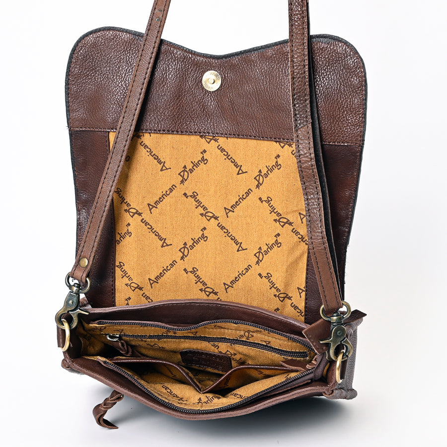 American Darling Genuine Leather Small Cross body Bag Women Hair-On Cowhide Floral Hand Tooled Purse Buck Stitched YKK Zipper