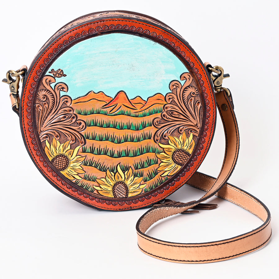 American Darling Genuine Leather Canteen Bag Women Hand Tooled Crossbody Purse YKK Zipper Full Grain Round