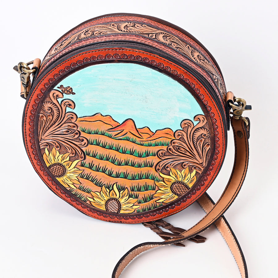 American Darling Genuine Leather Canteen Bag Women Hand Tooled Crossbody Purse YKK Zipper Full Grain Round