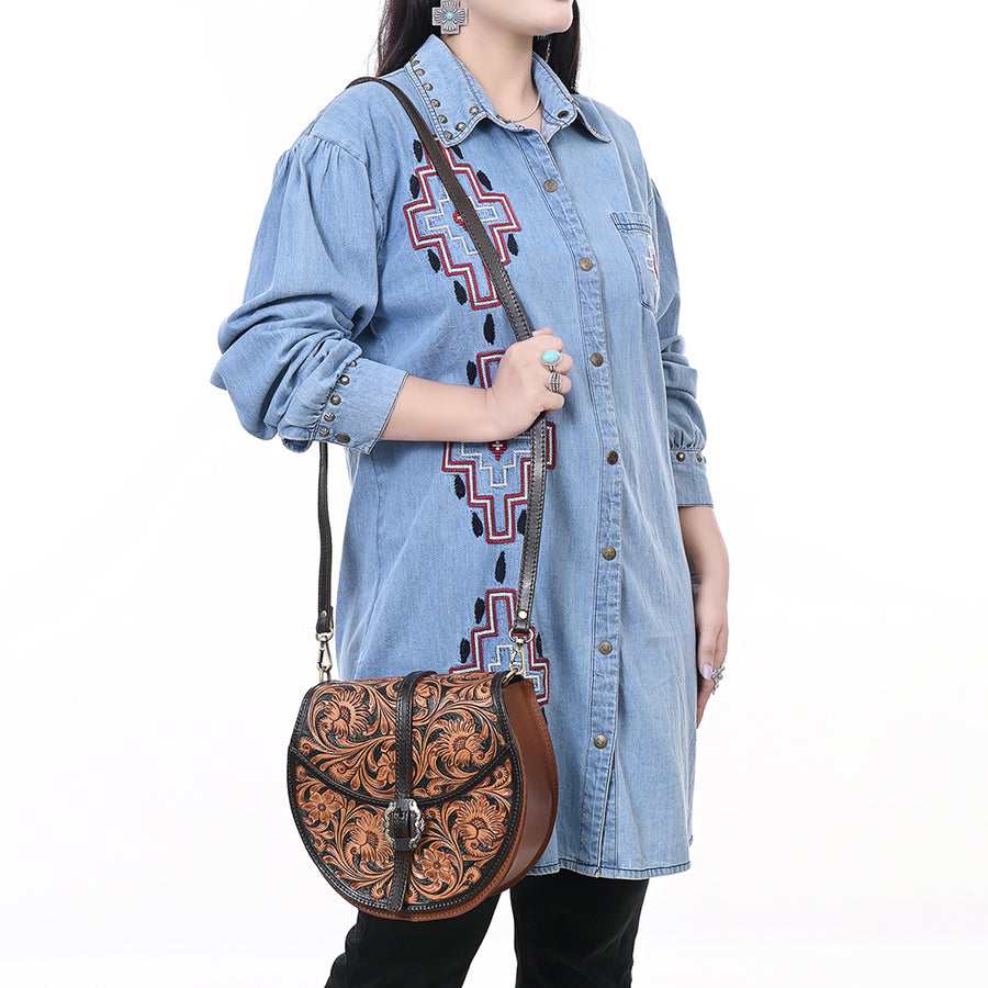American Darling Genuine Leather Cross body Bag Women Floral Hand Tooled Purse YKK Zipper Full Grain Vegetable-Tanned