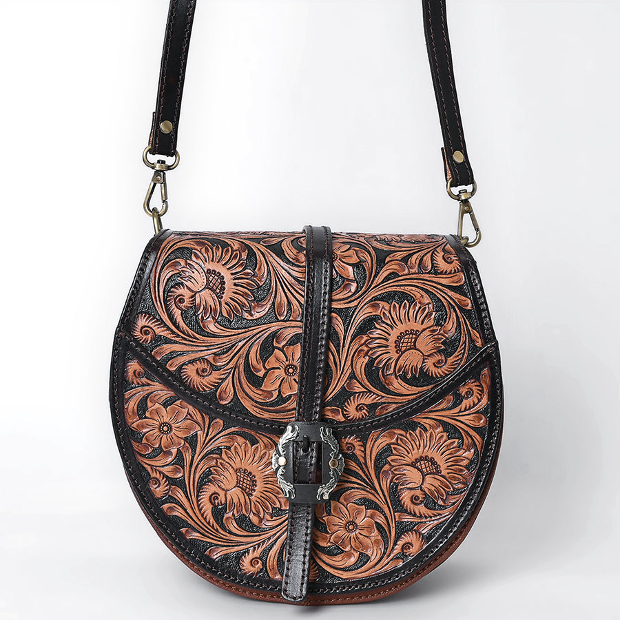 American Darling Genuine Leather Cross body Bag Women Floral Hand Tooled Purse YKK Zipper Full Grain Vegetable-Tanned