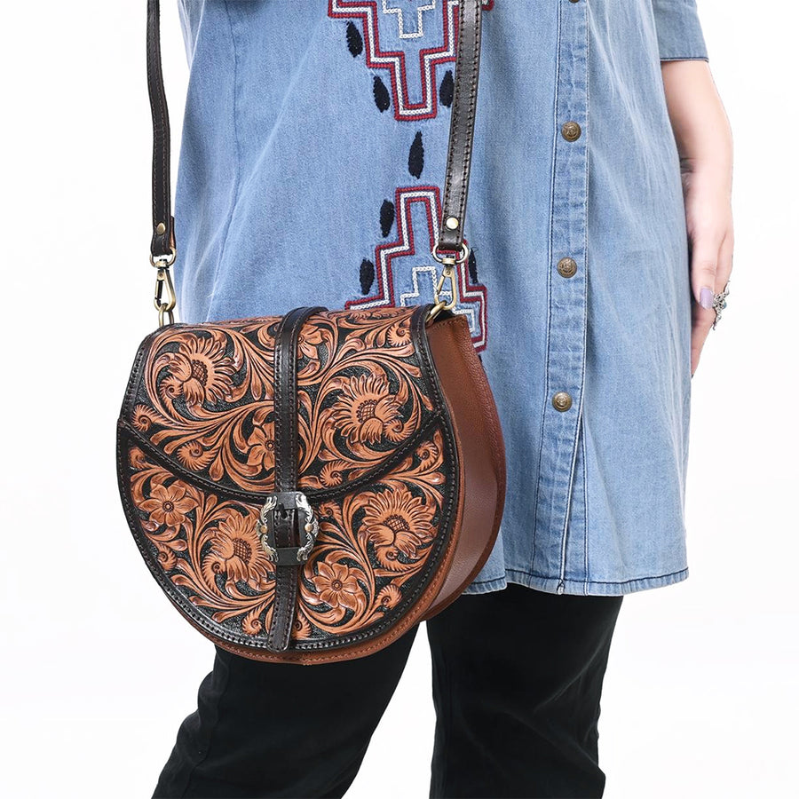 American Darling Genuine Leather Cross body Bag Women Floral Hand Tooled Purse YKK Zipper Full Grain Vegetable-Tanned