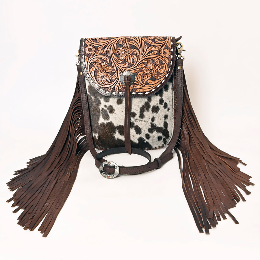 American Darling Genuine Leather Cross body Bag Women Hair-On Cowhide Floral Hand Tooled Purse Buck Stitched Fringe YKK Zipper