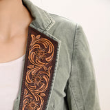 ADBZ023 Genuine leather Hand tooled hand carved Women 100% cotton Denim Blazer dress jacket ladies Girl