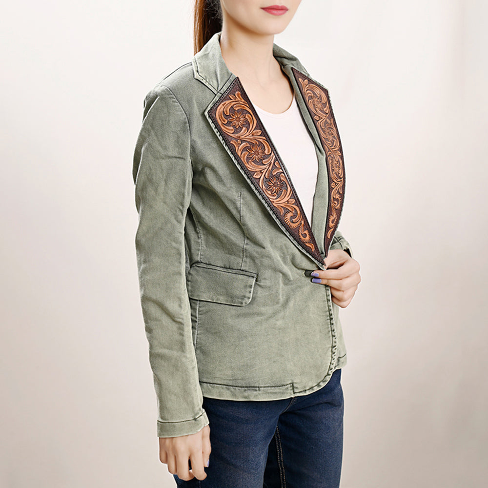 ADBZ023 Genuine leather Hand tooled hand carved Women 100% cotton Denim Blazer dress jacket ladies Girl