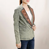 ADBZ023 Genuine leather Hand tooled hand carved Women 100% cotton Denim Blazer dress jacket ladies Girl