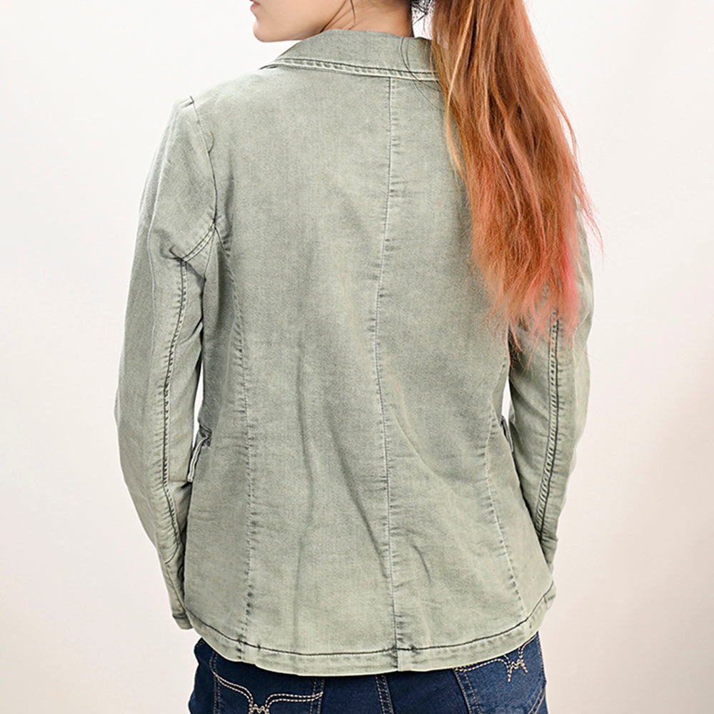 ADBZ023 Genuine leather Hand tooled hand carved Women 100% cotton Denim Blazer dress jacket ladies Girl