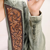 ADBZ023 Genuine leather Hand tooled hand carved Women 100% cotton Denim Blazer dress jacket ladies Girl